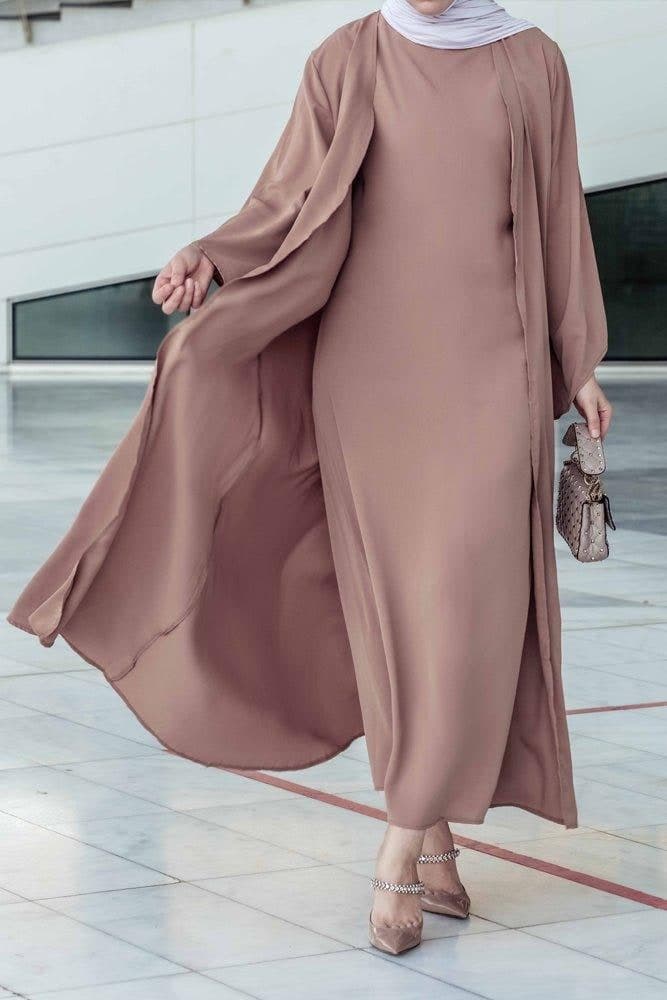 Ellaa 3 Piece Set with Sleevless Dress, Apron and Open Front Abaya in Beige, view 5