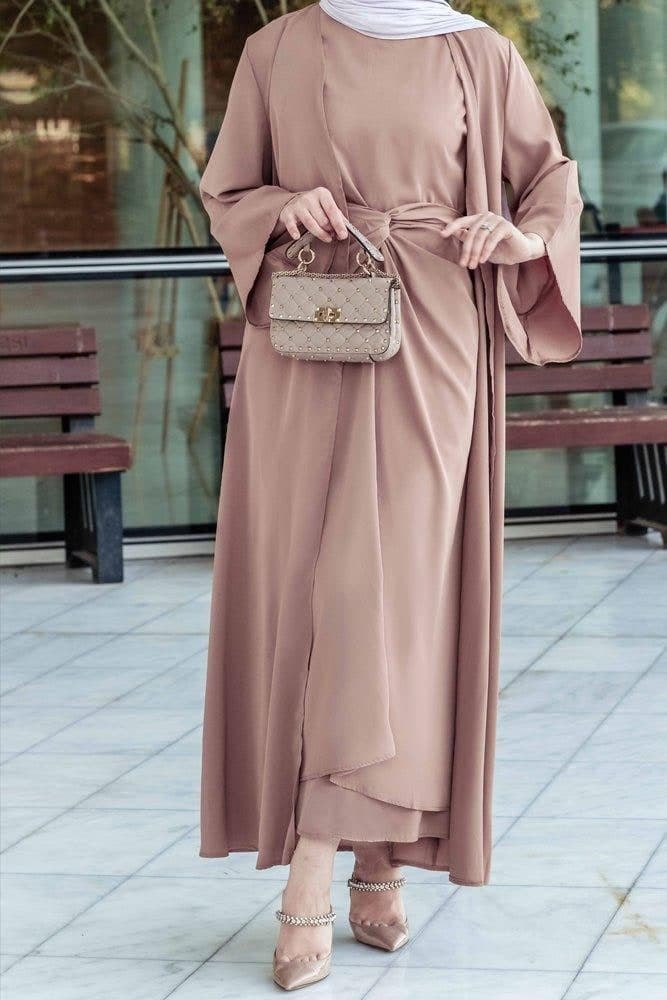 Ellaa 3 Piece Set with Sleevless Dress, Apron and Open Front Abaya in Beige, view 11