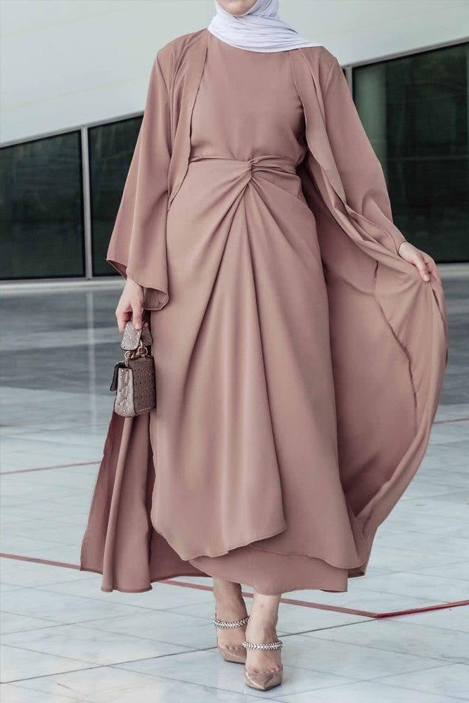 Ellaa 3 Piece Set with Sleevless Dress, Apron and Open Front Abaya in Beige, view 8