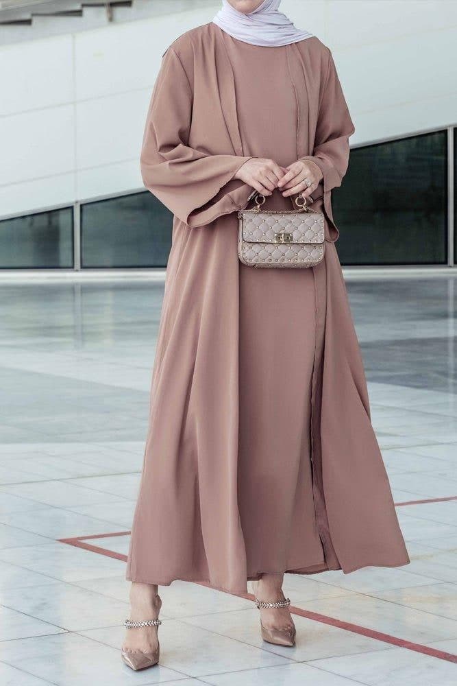 Ellaa 3 Piece Set with Sleevless Dress, Apron and Open Front Abaya in Beige, view 4