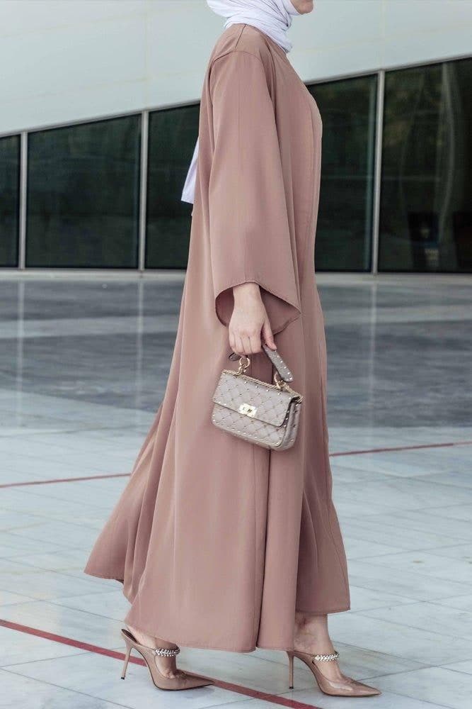 Ellaa 3 Piece Set with Sleevless Dress, Apron and Open Front Abaya in Beige, view 6