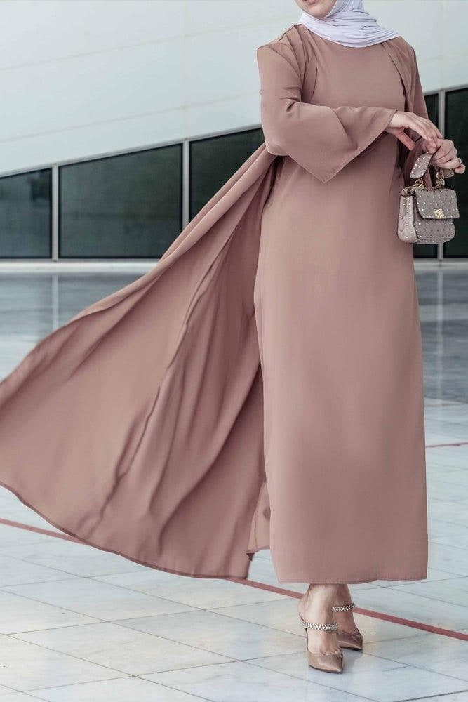 Ellaa 3 Piece Set with Sleevless Dress, Apron and Open Front Abaya in Beige, view 7