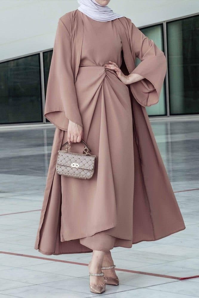 Ellaa 3 Piece Set with Sleevless Dress, Apron and Open Front Abaya in Beige, view 9