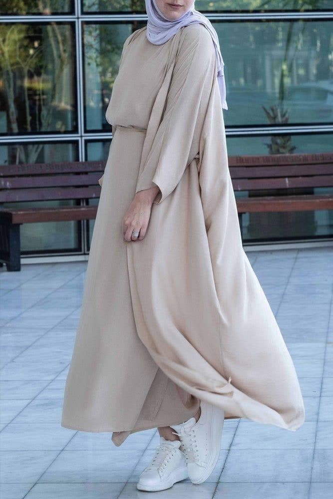 Janeti Linen Natural Fabric 3 Piece Set with Inner Slip Dress, Apron and Open Front Abaya in Beige, view 16