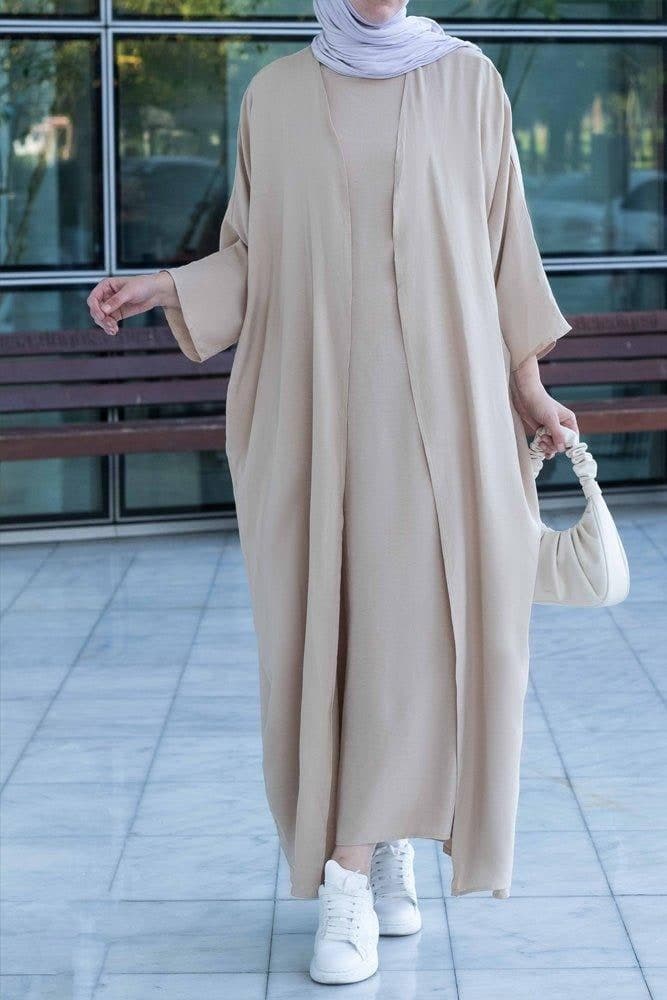 Janeti Linen Natural Fabric 3 Piece Set with Inner Slip Dress, Apron and Open Front Abaya in Beige, view 6