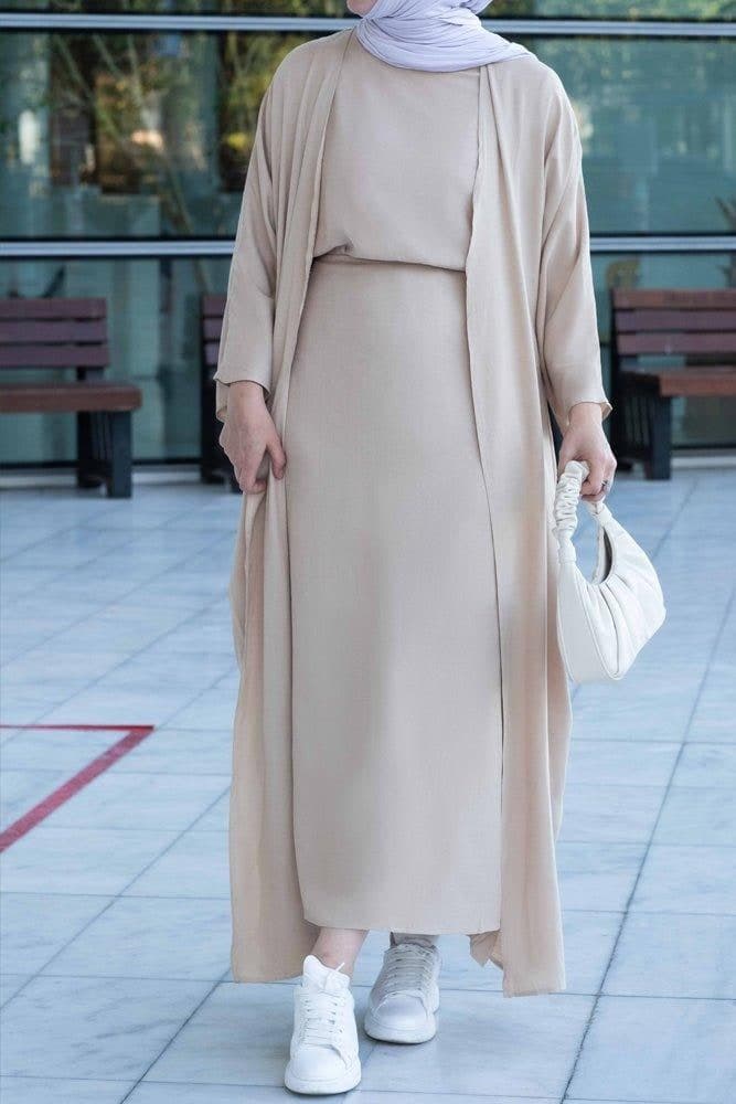 Janeti Linen Natural Fabric 3 Piece Set with Inner Slip Dress, Apron and Open Front Abaya in Beige, view 5