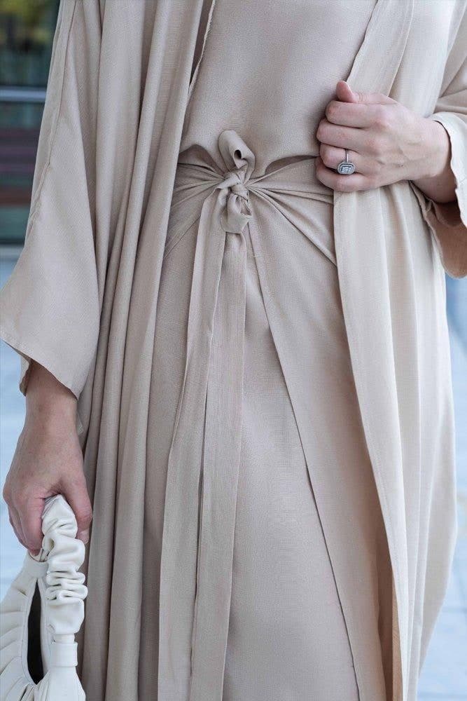 Janeti Linen Natural Fabric 3 Piece Set with Inner Slip Dress, Apron and Open Front Abaya in Beige, view 10