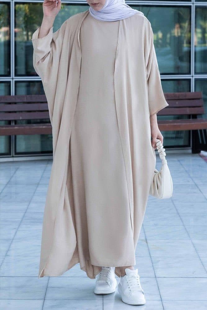 Janeti Linen Natural Fabric 3 Piece Set with Inner Slip Dress, Apron and Open Front Abaya in Beige, view 7