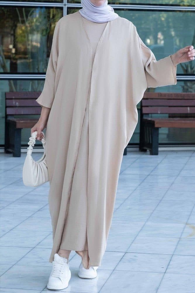 Janeti Linen Natural Fabric 3 Piece Set with Inner Slip Dress, Apron and Open Front Abaya in Beige, view 8
