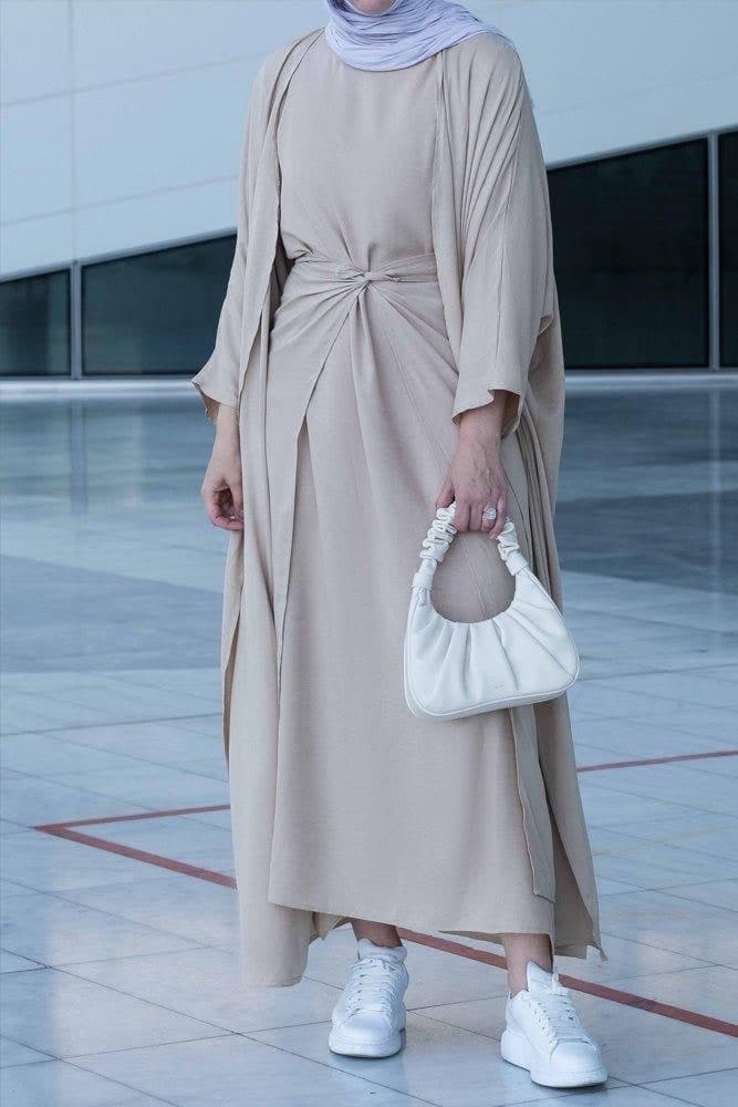 Janeti Linen Natural Fabric 3 Piece Set with Inner Slip Dress, Apron and Open Front Abaya in Beige, view 14