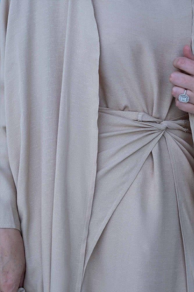 Janeti Linen Natural Fabric 3 Piece Set with Inner Slip Dress, Apron and Open Front Abaya in Beige, view 15