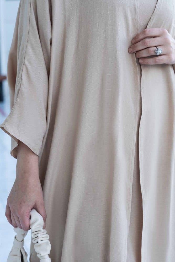 Janeti Linen Natural Fabric 3 Piece Set with Inner Slip Dress, Apron and Open Front Abaya in Beige, view 9