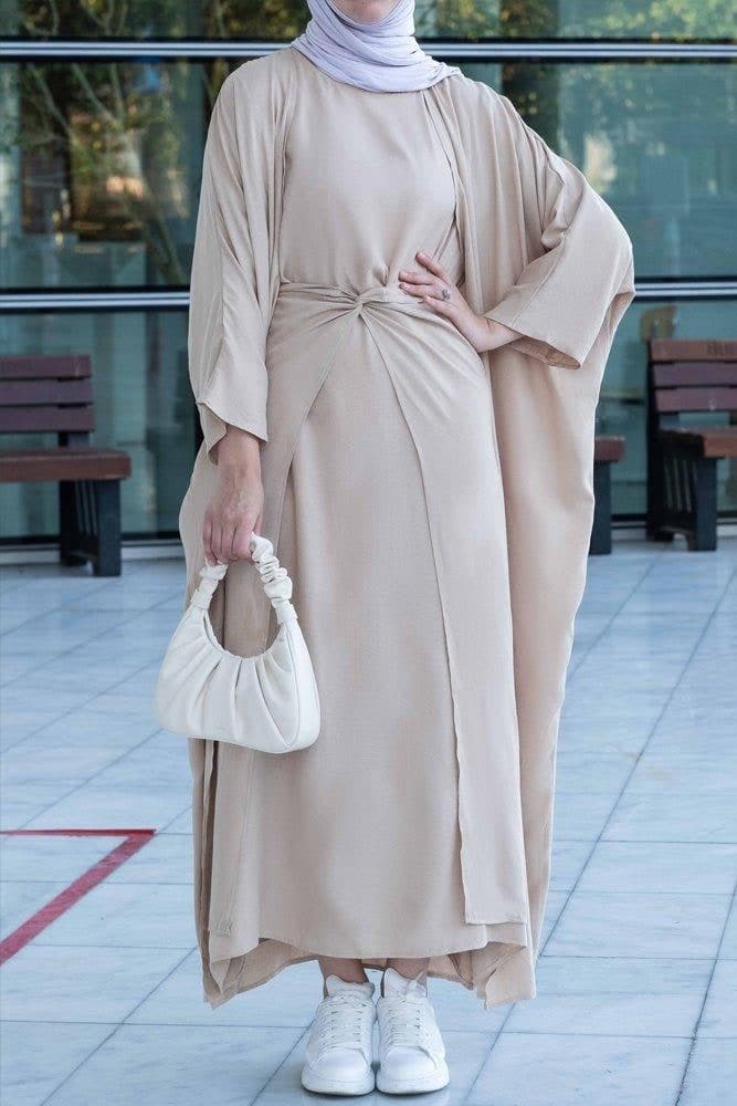 Janeti Linen Natural Fabric 3 Piece Set with Inner Slip Dress, Apron and Open Front Abaya in Beige, view 4