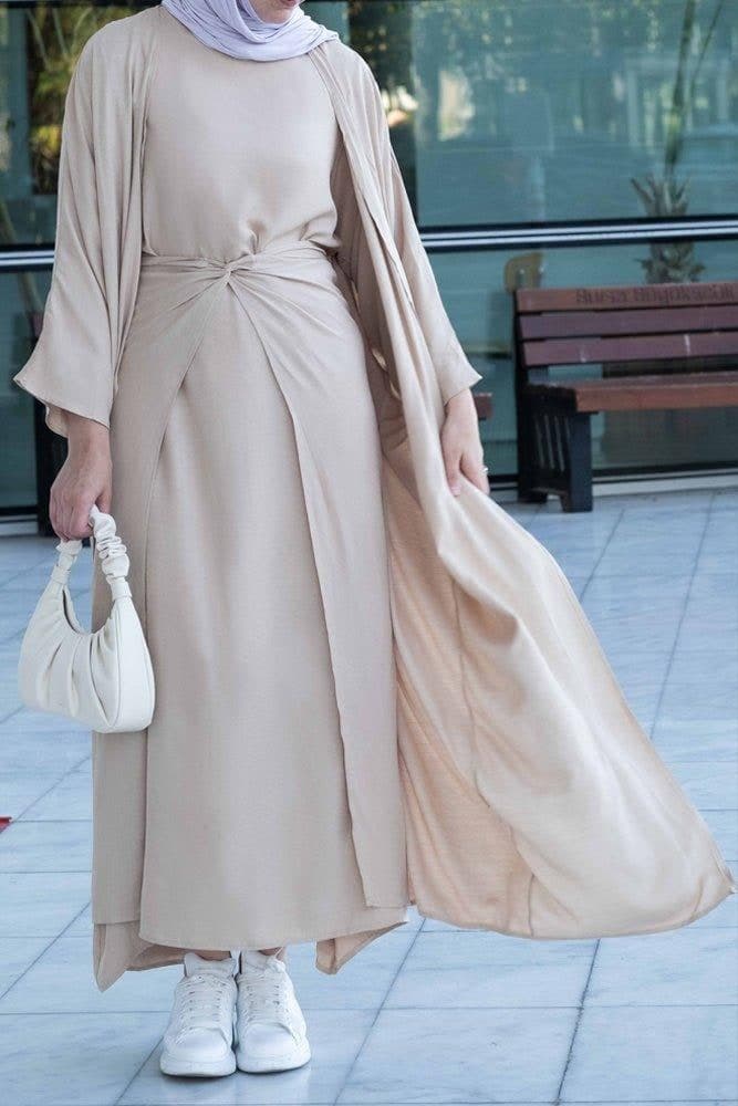 Janeti Linen Natural Fabric 3 Piece Set with Inner Slip Dress, Apron and Open Front Abaya in Beige, view 11