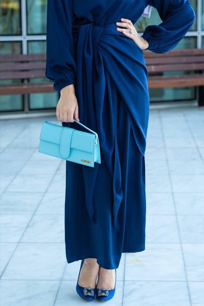 Umah Maxi Abaya Dress with Detached Apron Elasticated Sleeve Like Tie Waist Piece in Satin Dark Blue, view 7