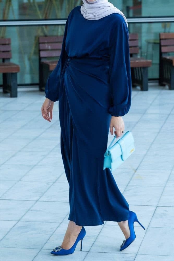 Umah Maxi Abaya Dress with Detached Apron Elasticated Sleeve Like Tie Waist Piece in Satin Dark Blue, view 9