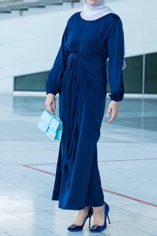 Umah Maxi Abaya Dress with Detached Apron Elasticated Sleeve Like Tie Waist Piece in Satin Dark Blue, view 3