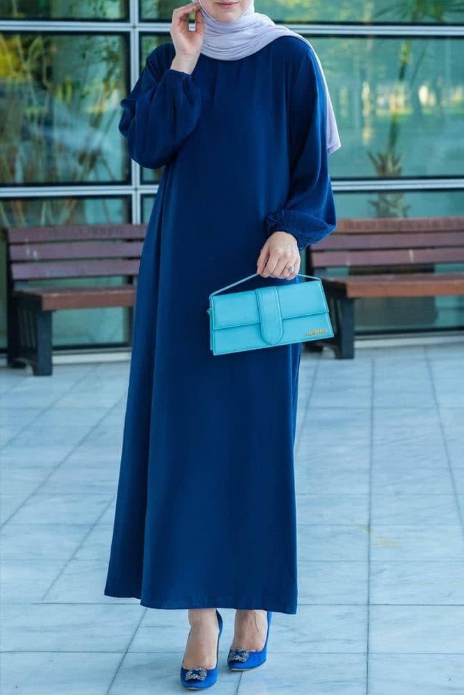Umah Maxi Abaya Dress with Detached Apron Elasticated Sleeve Like Tie Waist Piece in Satin Dark Blue, view 12