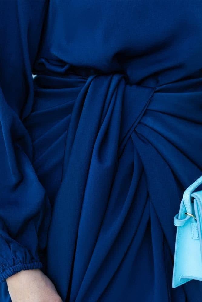 Umah Maxi Abaya Dress with Detached Apron Elasticated Sleeve Like Tie Waist Piece in Satin Dark Blue, view 14