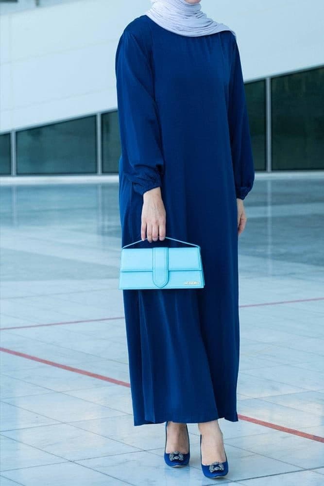 Umah Maxi Abaya Dress with Detached Apron Elasticated Sleeve Like Tie Waist Piece in Satin Dark Blue, view 10