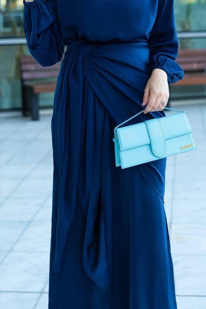 Umah Maxi Abaya Dress with Detached Apron Elasticated Sleeve Like Tie Waist Piece in Satin Dark Blue, view 8
