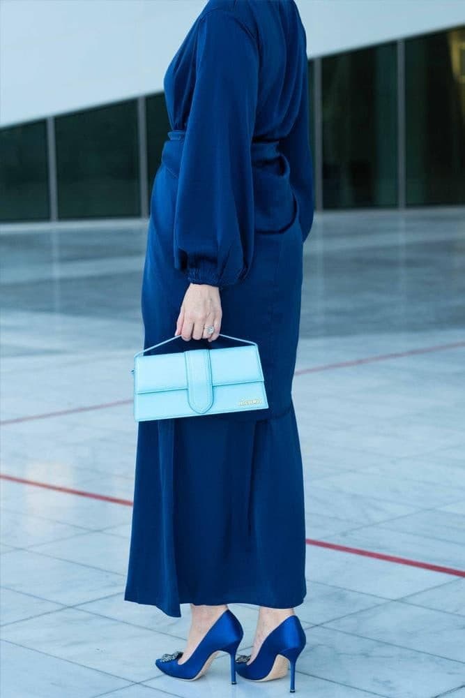 Umah Maxi Abaya Dress with Detached Apron Elasticated Sleeve Like Tie Waist Piece in Satin Dark Blue, view 13