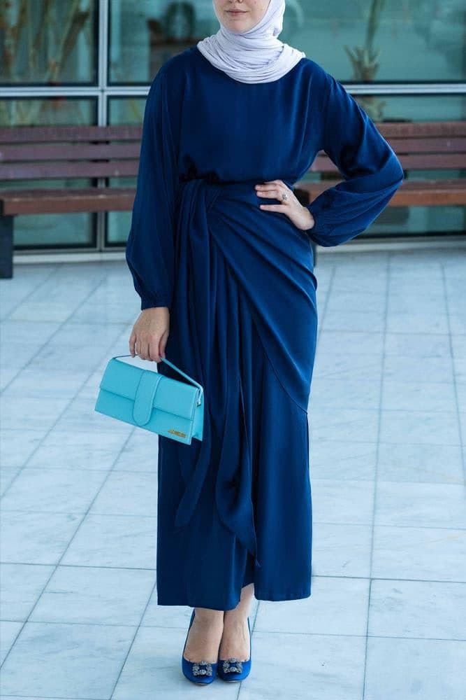 Umah Maxi Abaya Dress with Detached Apron Elasticated Sleeve Like Tie Waist Piece in Satin Dark Blue, view 6