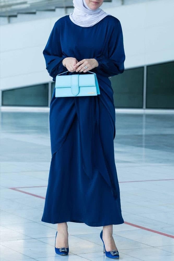 Umah Maxi Abaya Dress with Detached Apron Elasticated Sleeve Like Tie Waist Piece in Satin Dark Blue, view 5