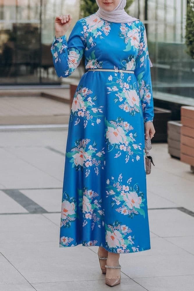 Leena Satin Maxi Dress with Long Sleeve in Blue, view 5