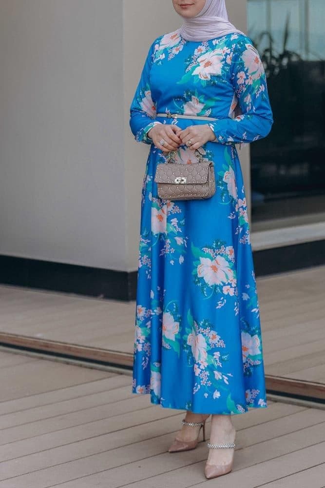 Leena Satin Maxi Dress with Long Sleeve in Blue, view 3