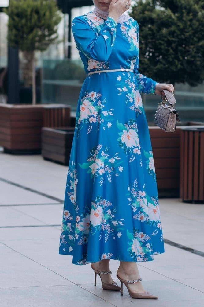 Leena Satin Maxi Dress with Long Sleeve in Blue, view 10