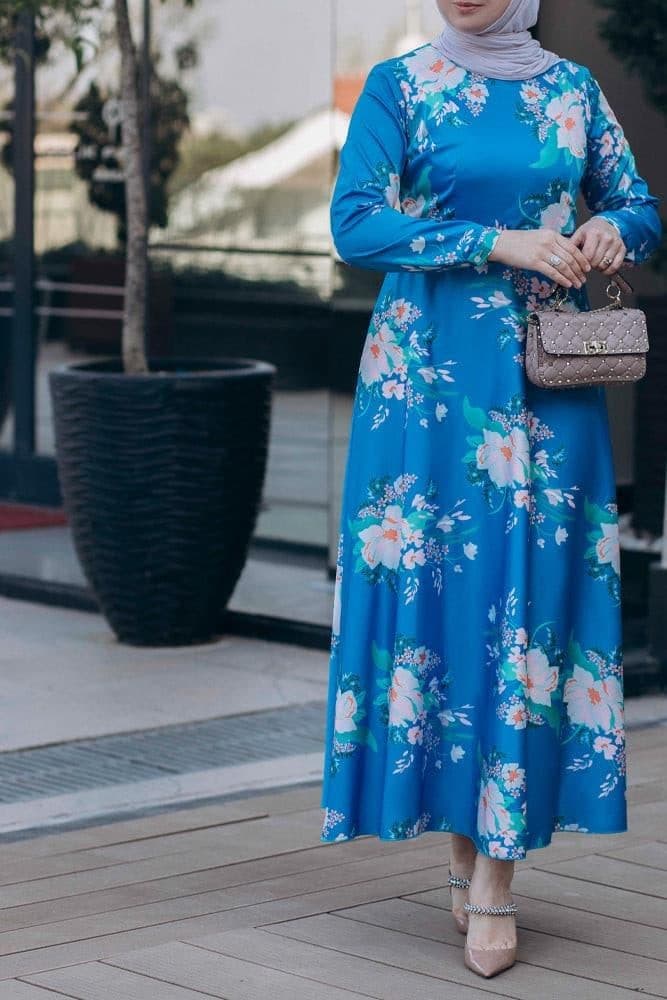 Leena Satin Maxi Dress with Long Sleeve in Blue, view 6