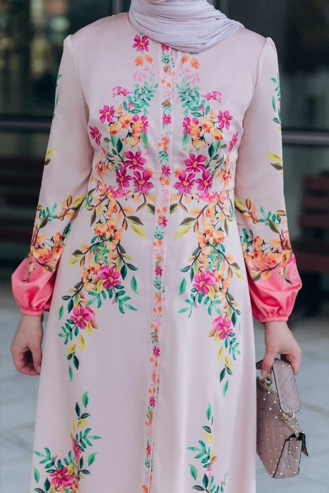Cemile Floral Print Maxi Dress with Long Sleeve and Front Button Fastening in pink, view 5