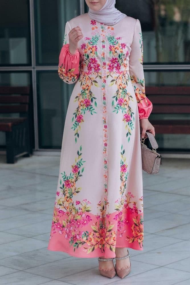 Cemile Floral Print Maxi Dress with Long Sleeve and Front Button Fastening in pink, view 4