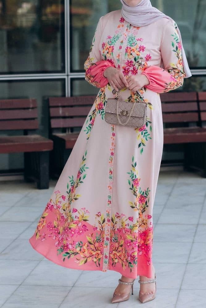 Cemile Floral Print Maxi Dress with Long Sleeve and Front Button Fastening in pink, view 7