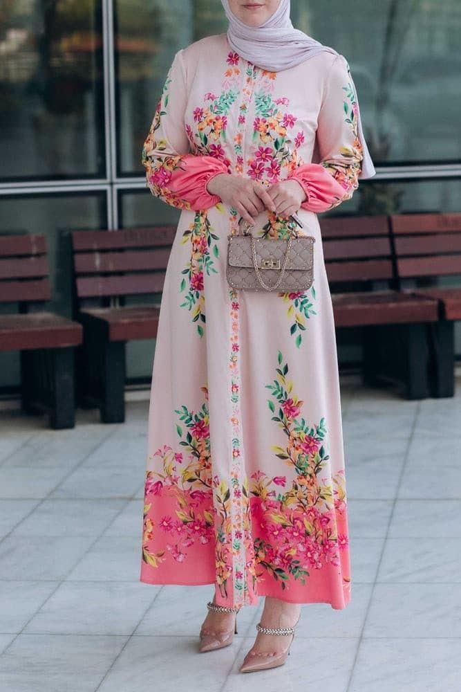 Cemile Floral Print Maxi Dress with Long Sleeve and Front Button Fastening in pink, view 8