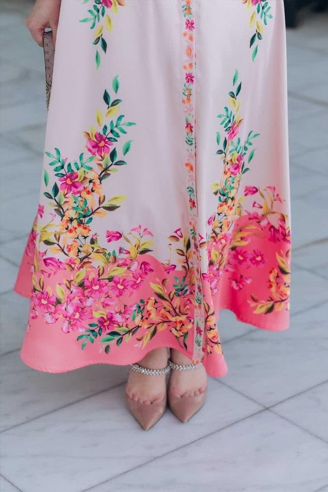 Cemile Floral Print Maxi Dress with Long Sleeve and Front Button Fastening in pink, view 6