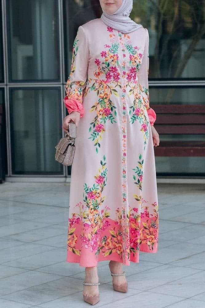 Cemile Floral Print Maxi Dress with Long Sleeve and Front Button Fastening in pink, view 9