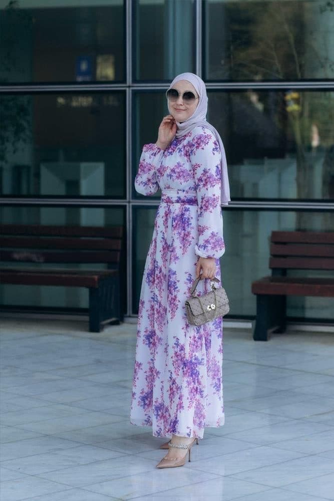 Karine Lantern-sleeve Floral-print Dress in white, view 5
