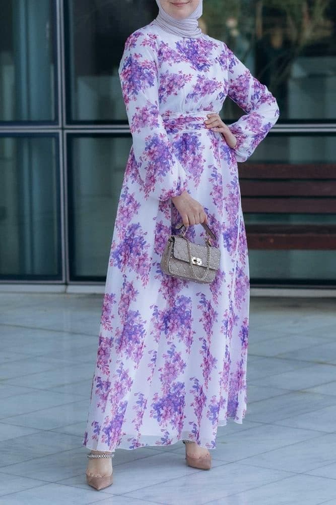 Karine Lantern-sleeve Floral-print Dress in white, view 6