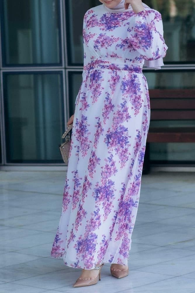 Karine Lantern-sleeve Floral-print Dress in white, view 3