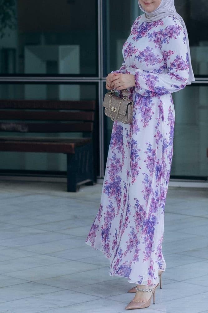 Karine Lantern-sleeve Floral-print Dress in white, view 4