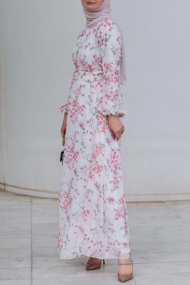 Dilara Lantern-sleeve Floral-print Dress in white, view 10