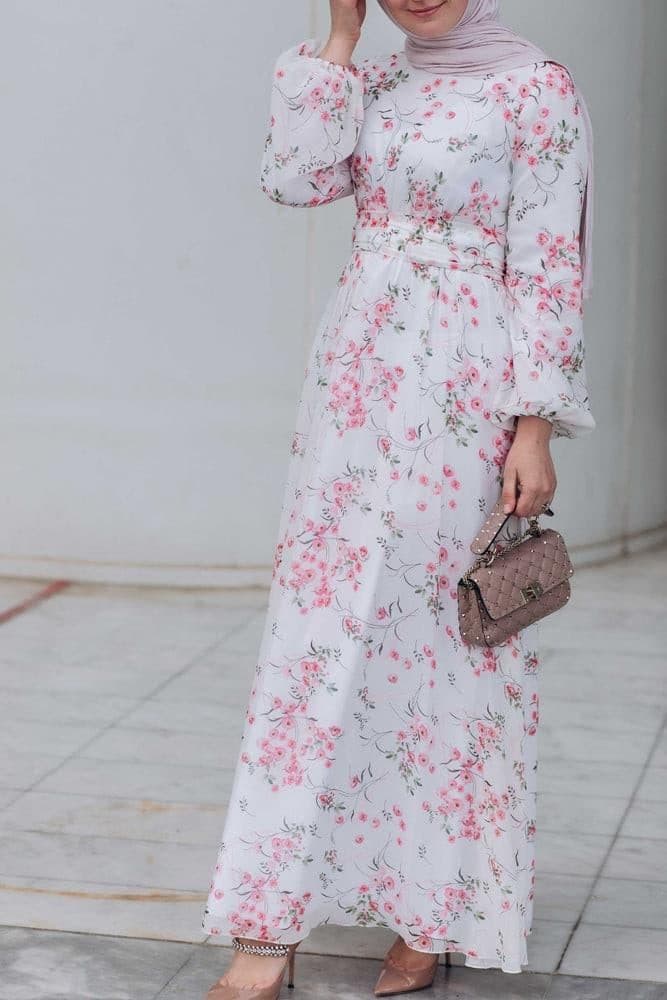 Dilara Lantern-sleeve Floral-print Dress in white, view 3