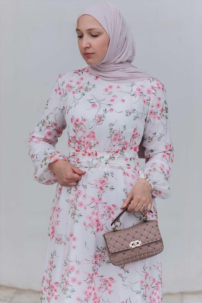 Dilara Lantern-sleeve Floral-print Dress in white, view 8