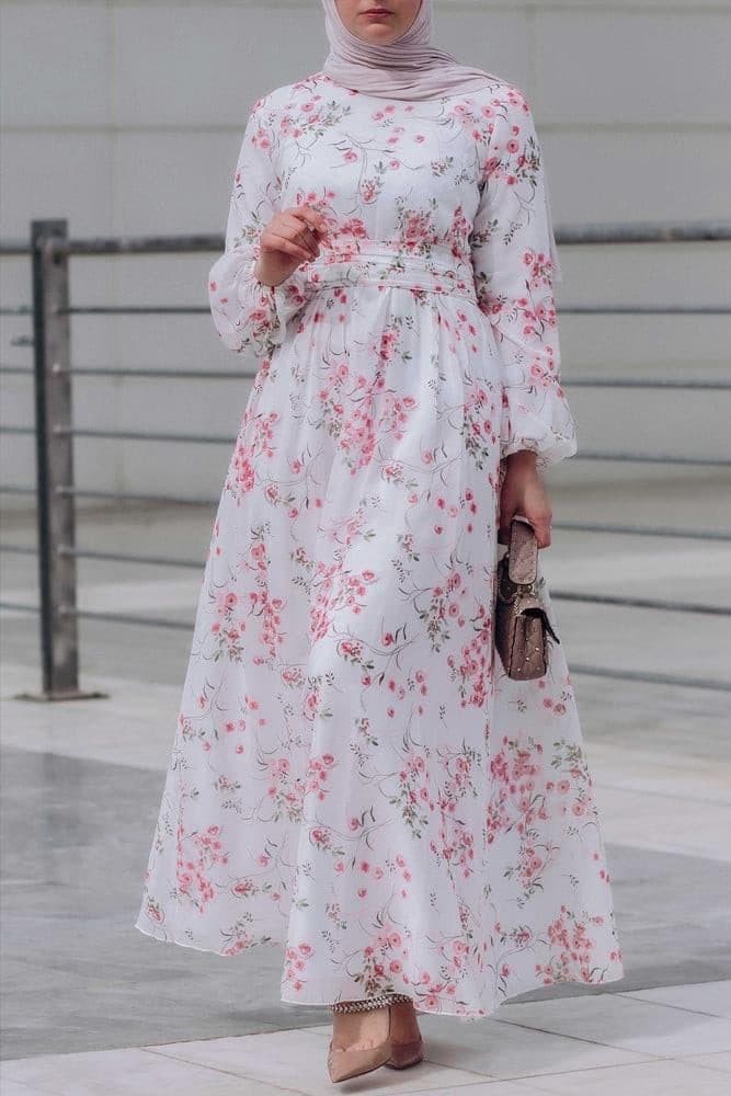 Dilara Lantern-sleeve Floral-print Dress in white, view 5