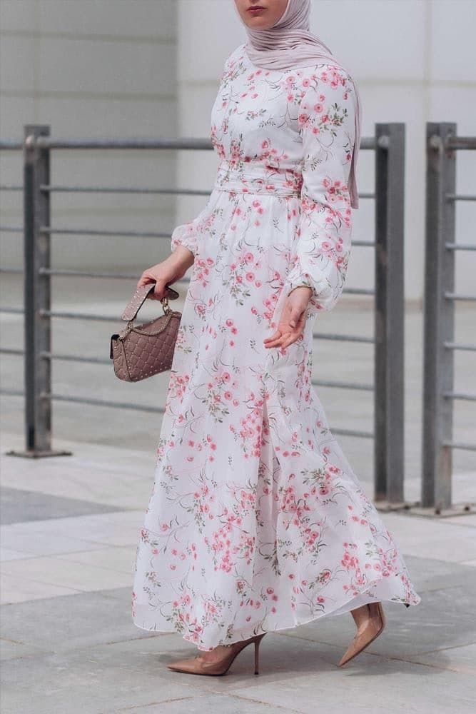 Dilara Lantern-sleeve Floral-print Dress in white, view 4