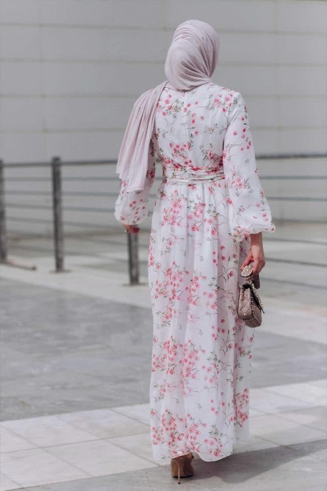Dilara Lantern-sleeve Floral-print Dress in white, view 6