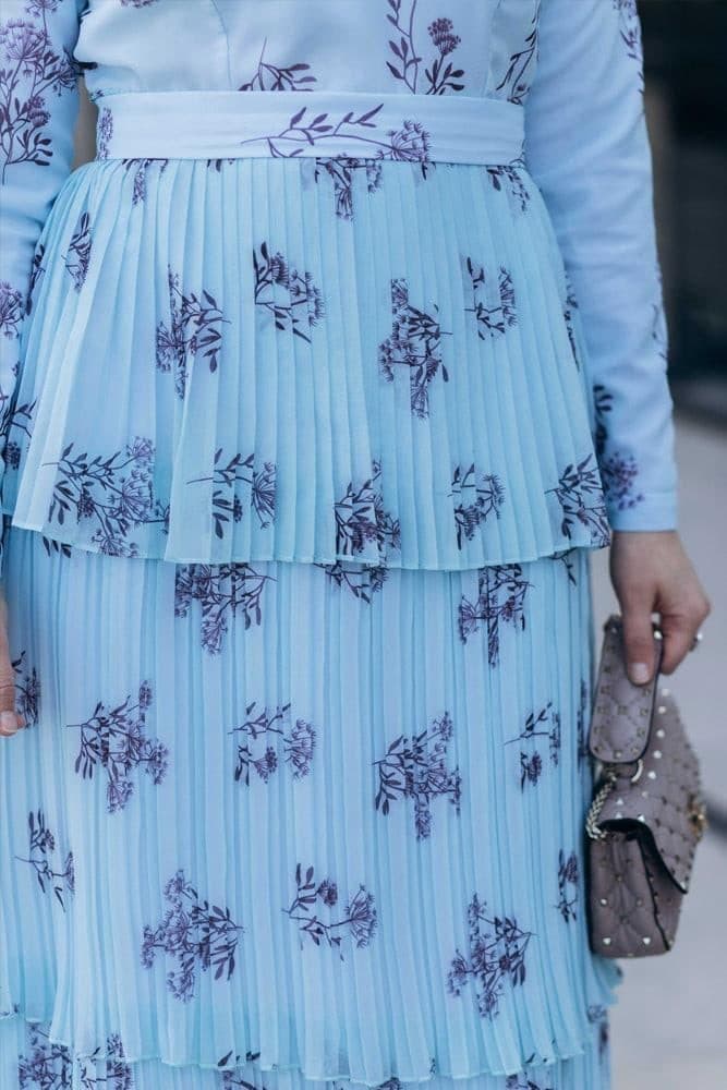 Roxieyy Tier Pleated Maxi Chiffon Dress with Long Sleeve in Blue, view 10