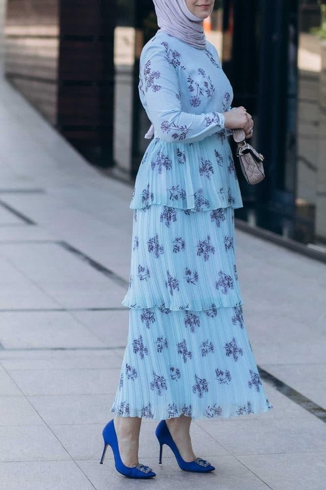 Roxieyy Tier Pleated Maxi Chiffon Dress with Long Sleeve in Blue, view 5